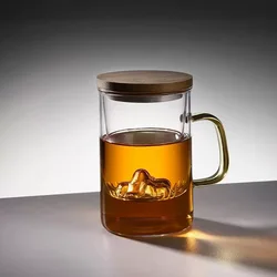 Chinese Style Heat-resistant Glass Tea Infuser Cup With Mountain Filter Handle Bamboo Lid Flower Teacup Office Tea Mug Drinkware