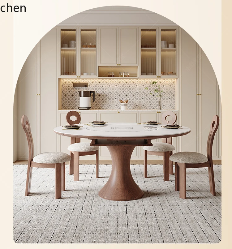 

ZML rock slab dining table household small apartment with induction cooker turntable retractable retro solid wood round table