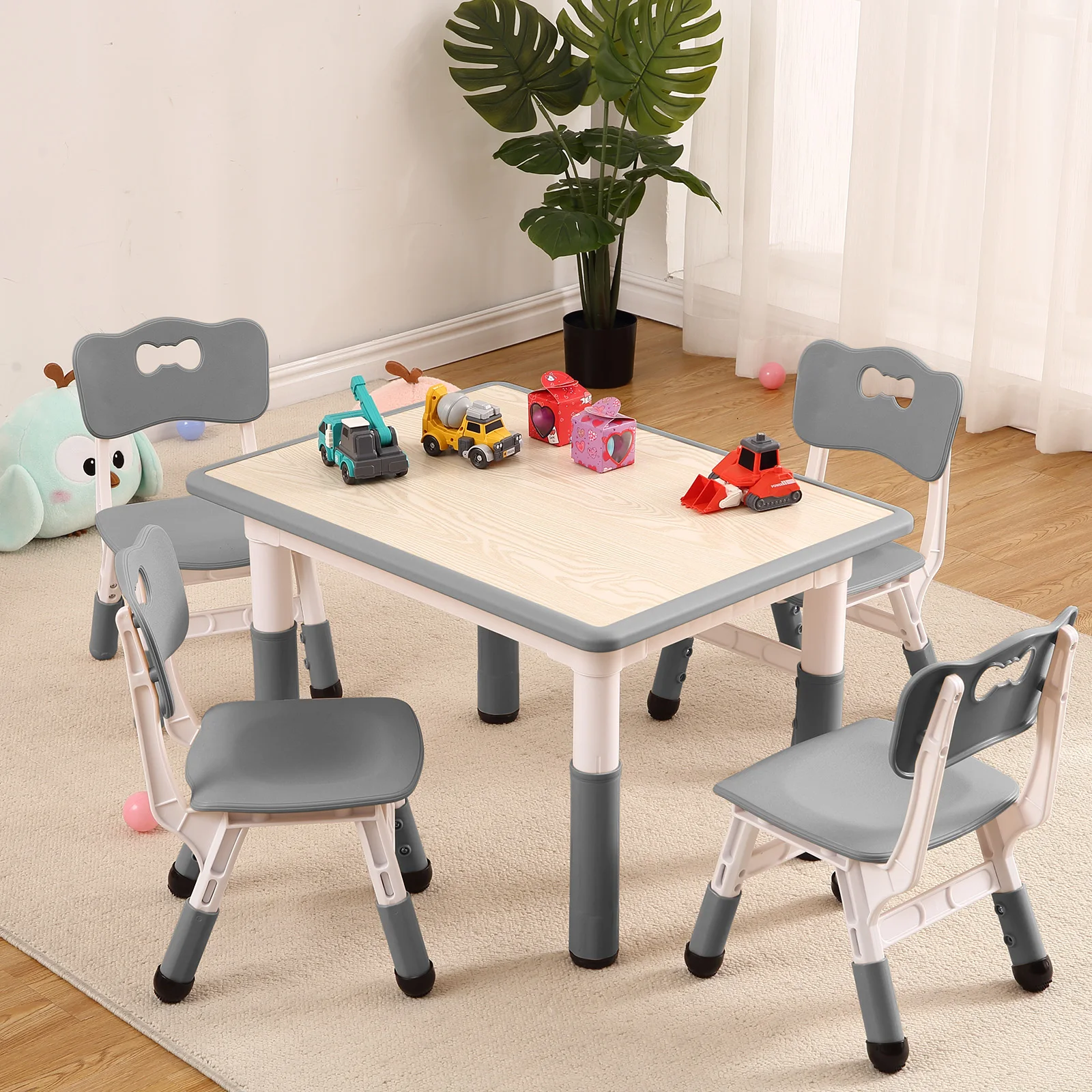 Conjunto de Mesa e Cadeiras para Crianças, Mesa Ajustável em Altura com 4 Assentos, Suporta até 300lbs, Mesa Multiatividades para Salas de Aula e Creches