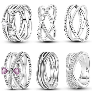 Rings 925 Silver Interwoven Line Rings Zircon Geometric Winding Rings Romantic Engagement Wedding Valentine Fine Jewelry Gift