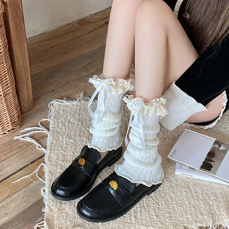 Women’s Lace Ruffle Bow Leg Warmers, Thick Warm Slouch Calf Socks for Autumn Winter, Match with Loafers for Daily Outdoor Wear