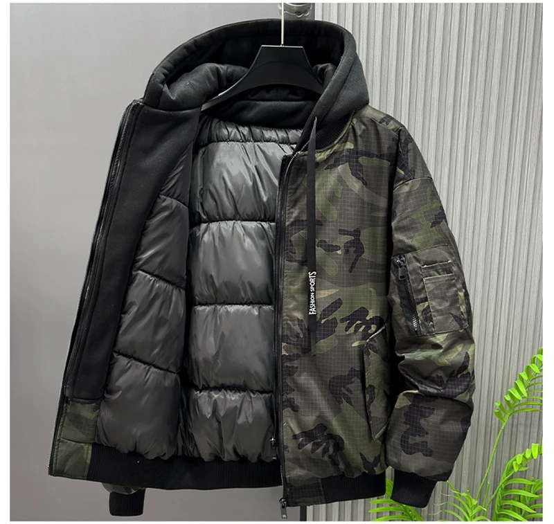 Autumn Winter Men's Retro False Two-Piece Camouflage Jacket - Plus Size Thickened Warm Casual Cotton Coat