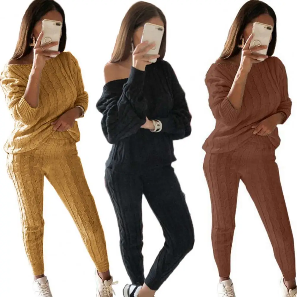 2024 New Autumn Winter Women Knitted Tracksuit Two Piece Set Female Sweater Tops + Elastic Waist Pant Knitted Suit Women Outfits