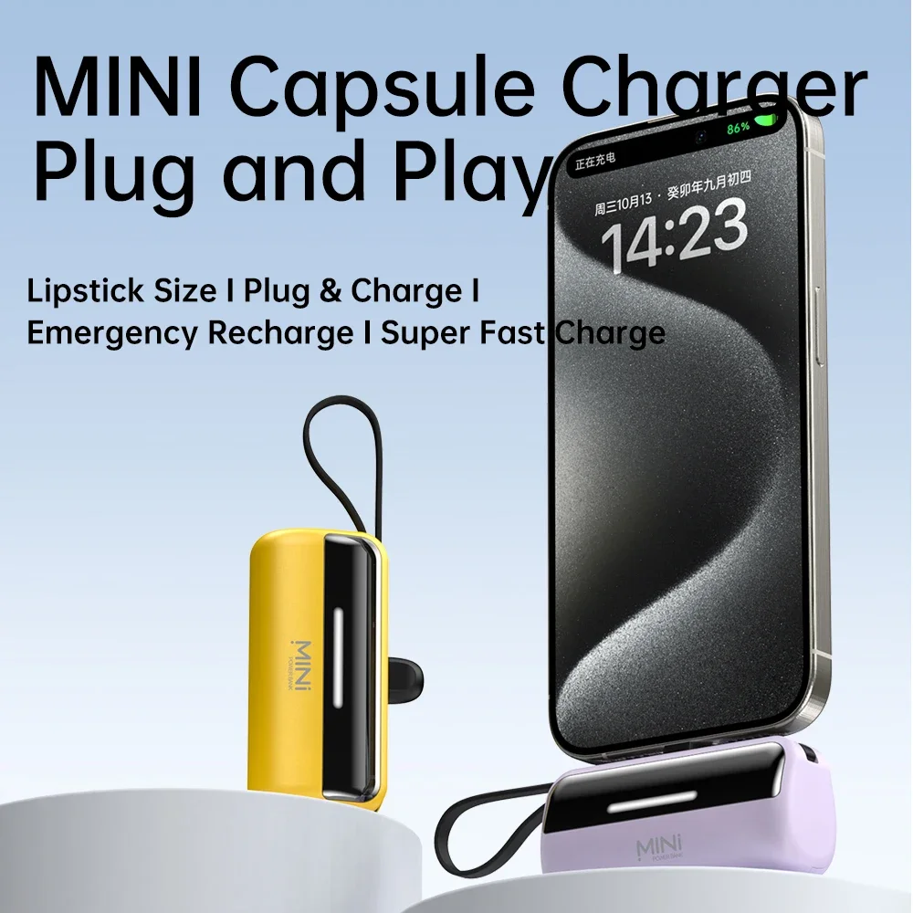 Powerbank 5000mAh Mini Small Capsule Emergency Power Bank Portable Battery Charger Type-C 22.5W Fast Charging with Phone Holder