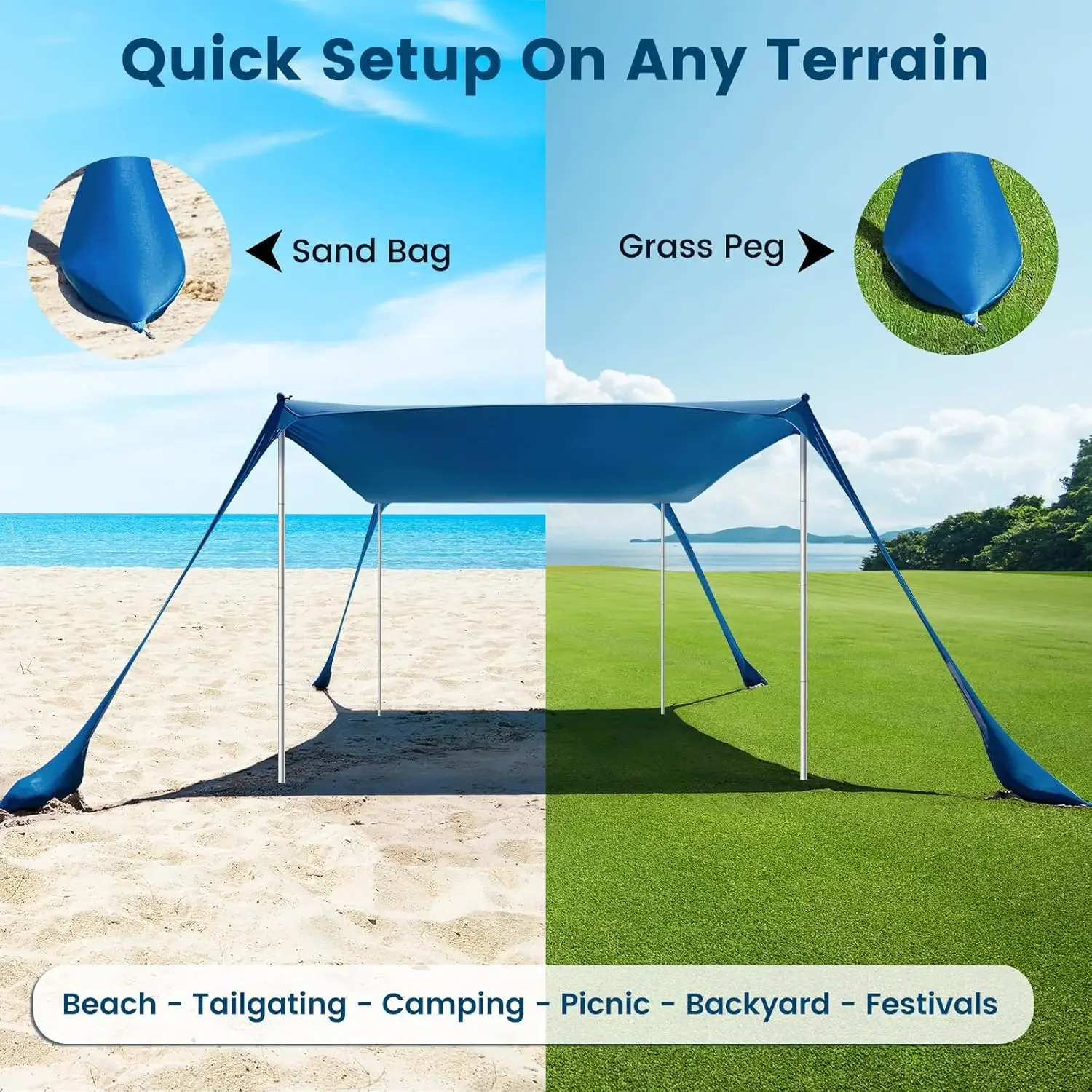 خيمة شاطئ مقاس 10 × 10 UV50+ مع أكياس رمل وأعمدة وحصوات وحبال رياح للحماية الخارجية