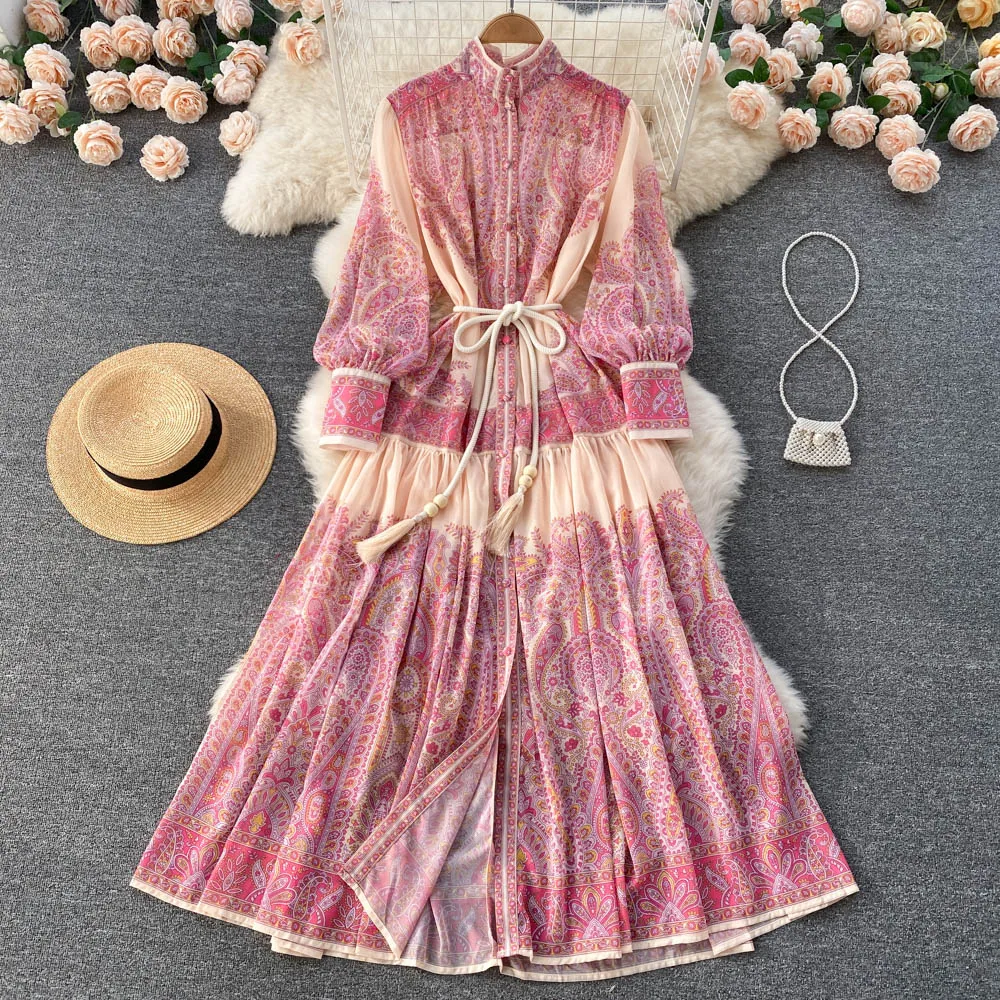 

Stand Collar Vintage Women Dresses with Belt 2024 New Spring Summer Print Lantern Sleeve Single Breasted Loose Long Dress