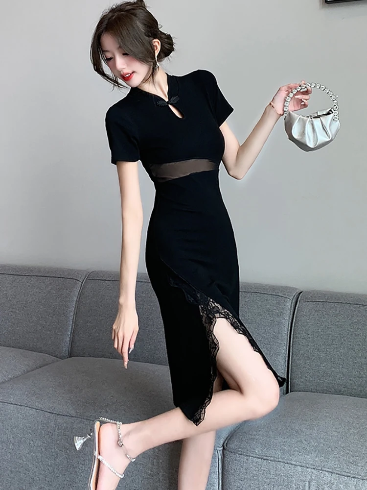 Black Patchwork Mesh Sheer Sexy Lace Slit Midi Dress Women Elegant Luxury Dance Party Dress 2024 New Korean International Dress