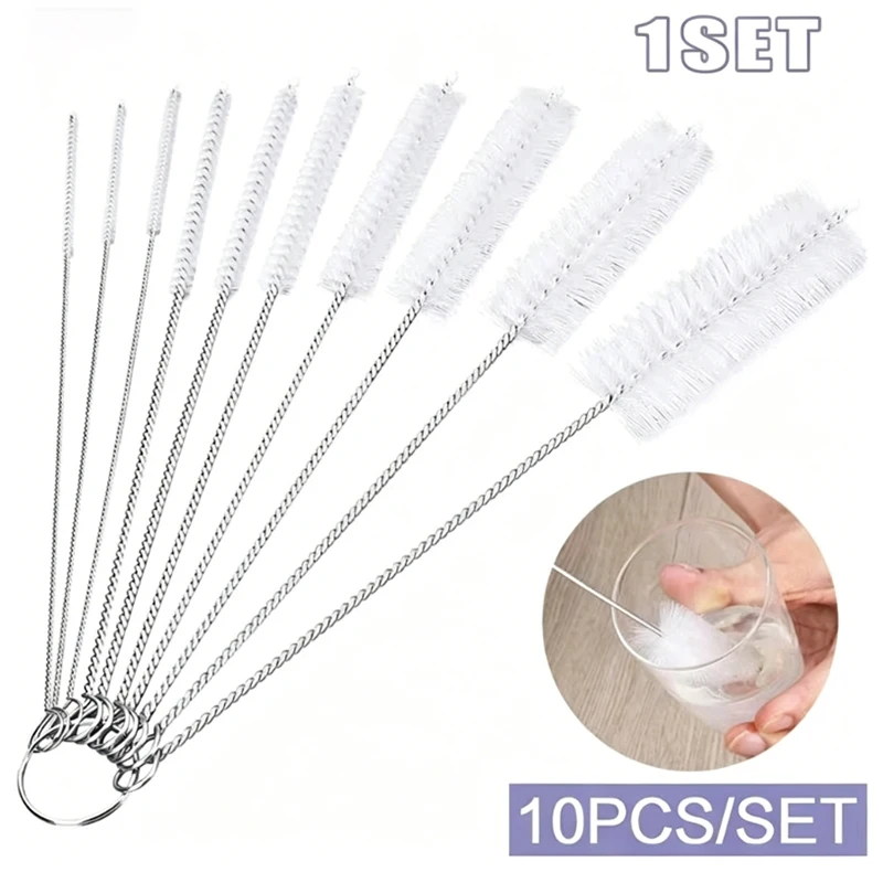 10pcs Cleaning Brushes Multifunctional Reusable Straw Cleaning Brush Pipe Brush Stainless Steel Long Handle Brush Cleaning Tool
