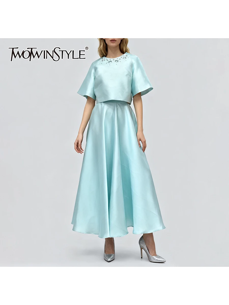 

TWOTWINSTYLE Elegant Two Piece Sets for Women O Neck Half Sleeves Spliced Bead Top High Waist Patchwork Draped Skirt Set Female