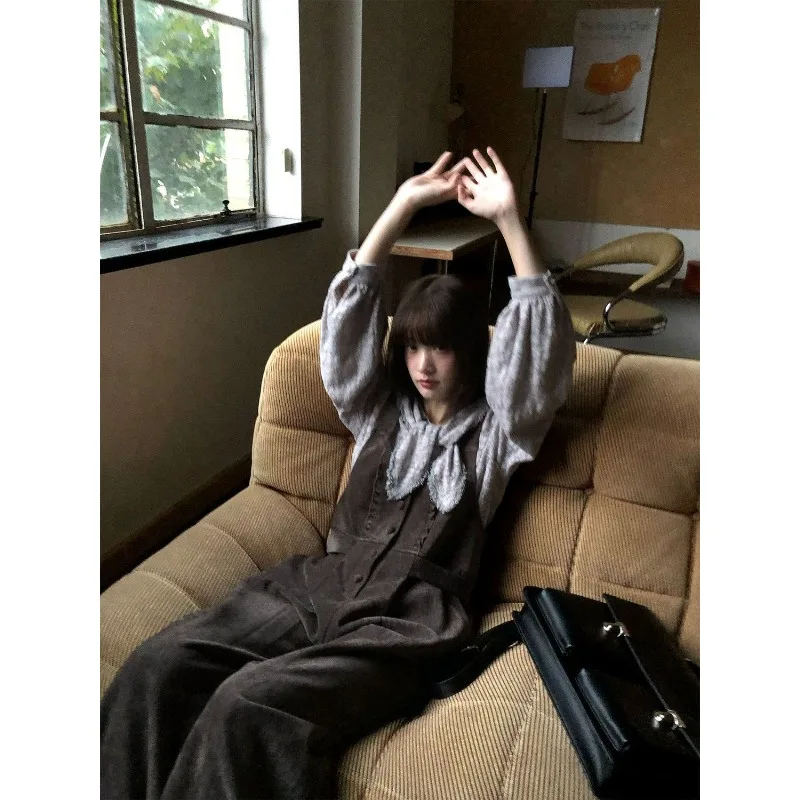 Gray coffee autumn and winter chenille thick trousers college style ancient and versatile women's wide-leg overalls