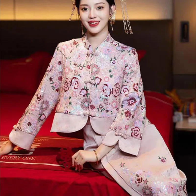 Pink new Chinese toasting improved cheongsam two sets of bridal dress