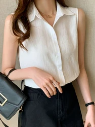 OL Style Shirts Women Turn-down Collar Sleeveless Women Blouse Tops Elegant Workwear Female Tops blusas femme Summer