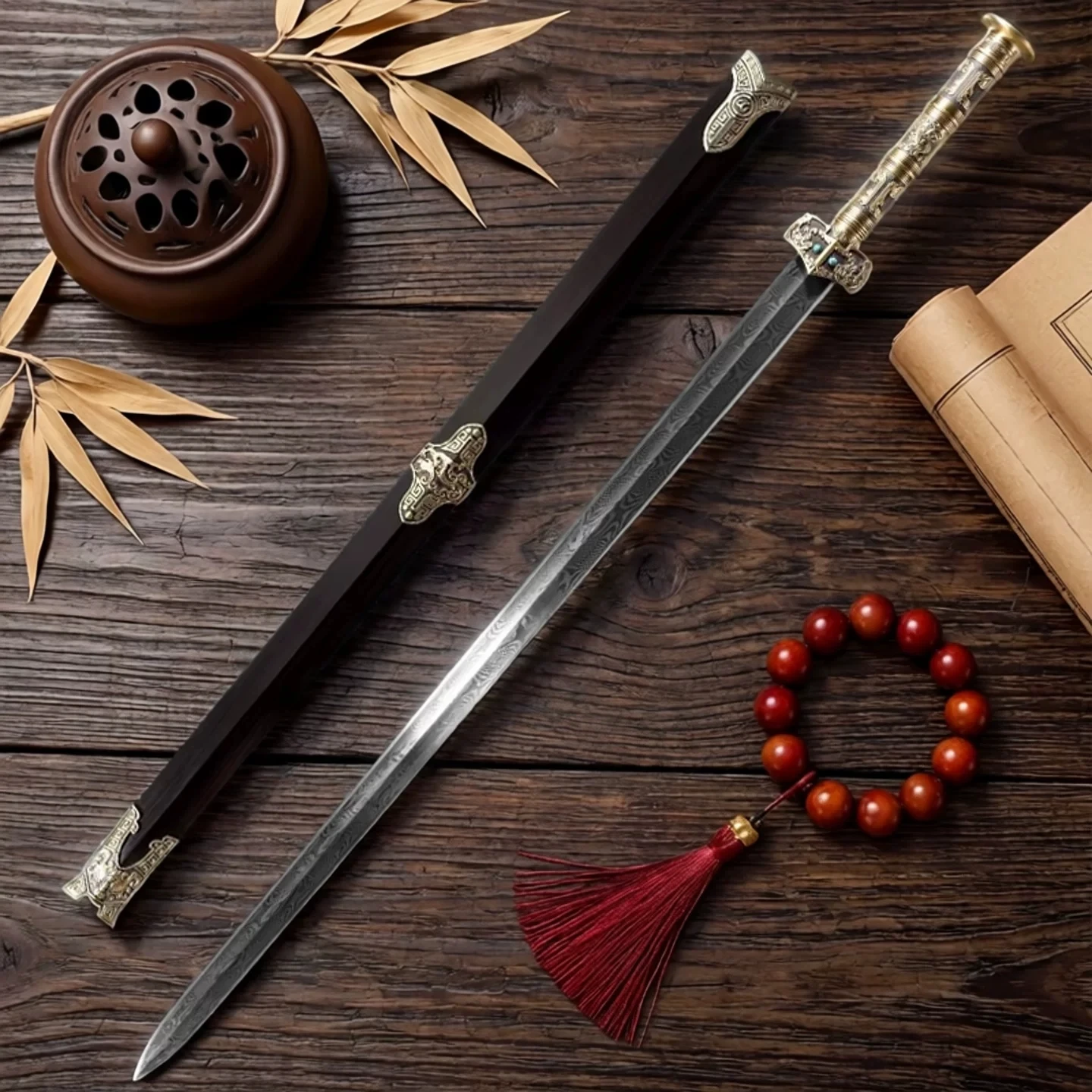 Chinese Antique Decorative Collection Ornament Han Sword 102cm Pattern Steel Solid Wood Scabbard Display Sword Free Sword Stand