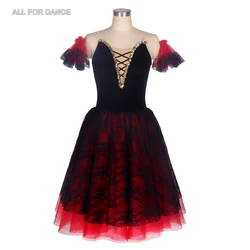 22138 New Spanish Long Ballet Tutu Romantic Tutu Black Top Bodice Blacke lace & Red Tulle Romantic Ballet Tutu Dancewear