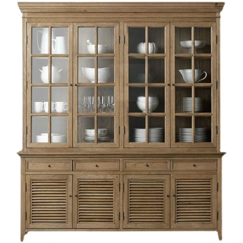 American solid wood frame bookcase dining side cabinet tea cabinet light luxury minimalist wall storage living room high cabinet