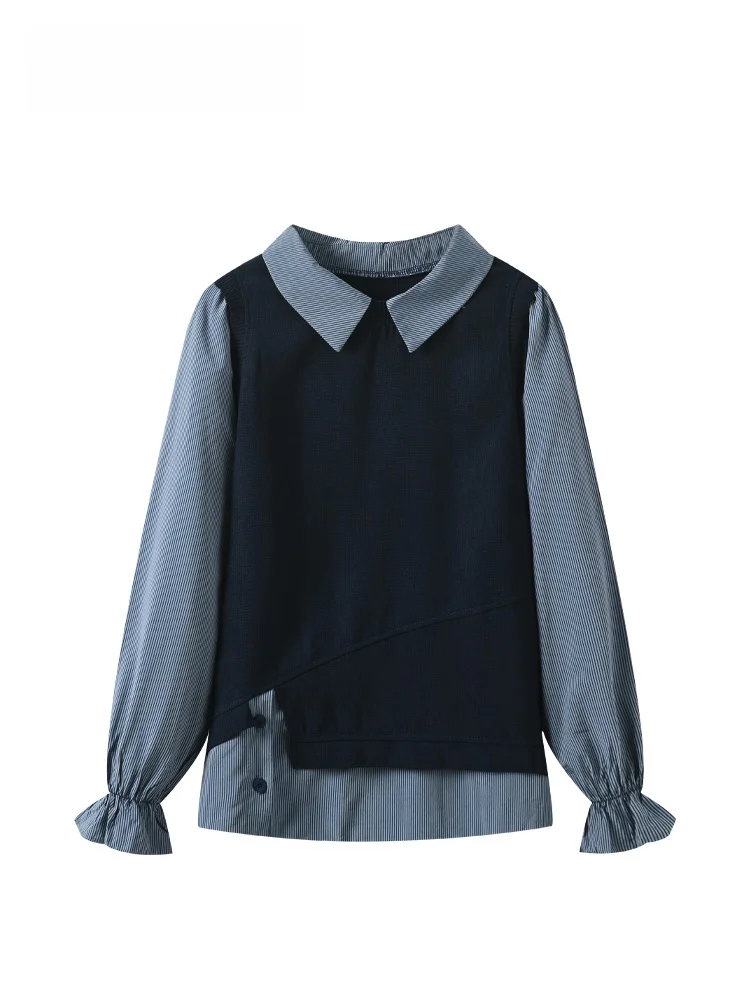 

CaraCLUB Large Size Collar Long Sve irt Women's Early Spring New Loose Splice Fake Two-Piece Top Casual Sle Polye...