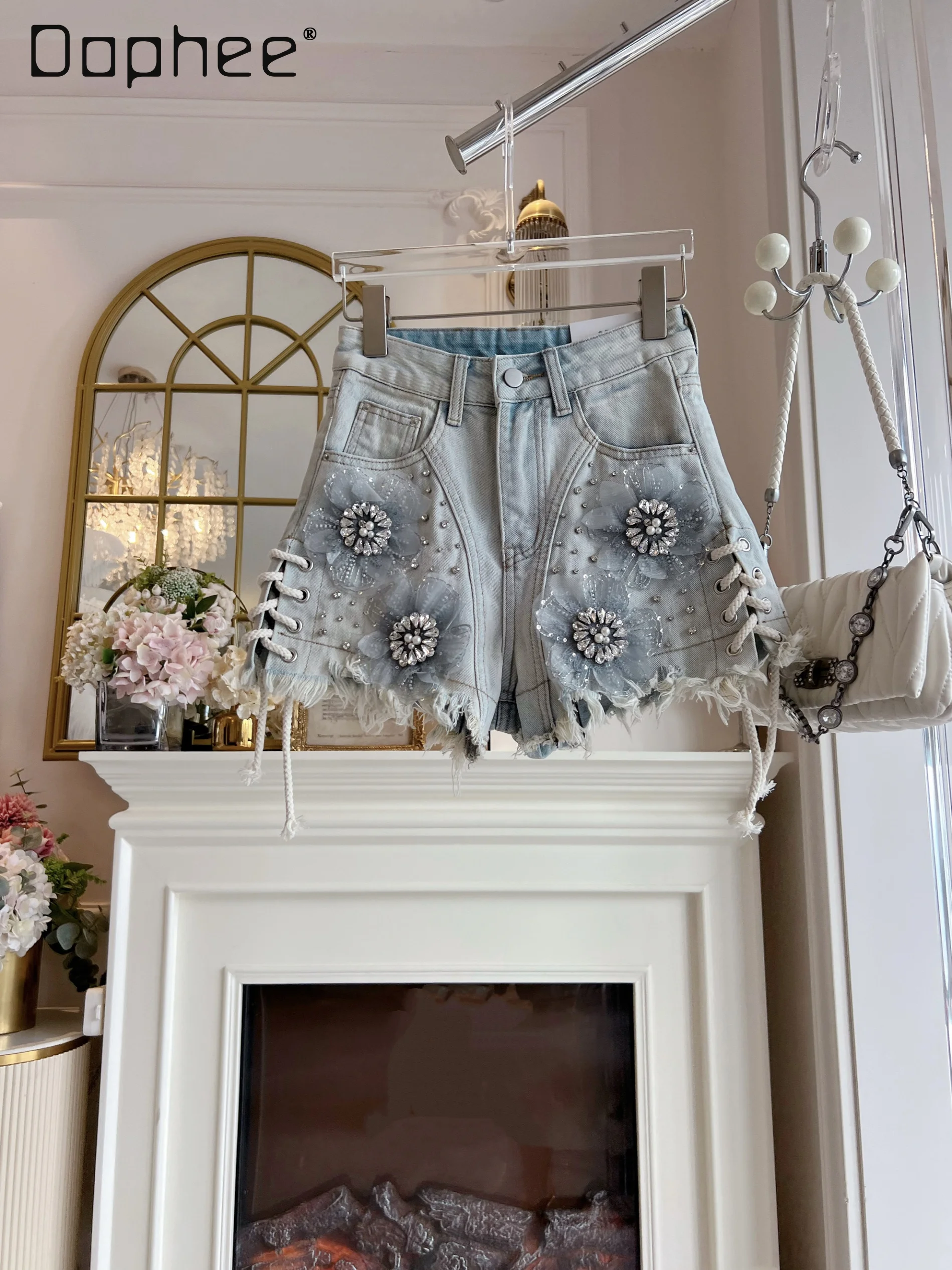 Retro Strap Denim Shorts Women Summer New Heavy Industry Diamond-encrusted High-waisted Slim Wide-leg Pants Fashion Sexy Jeans