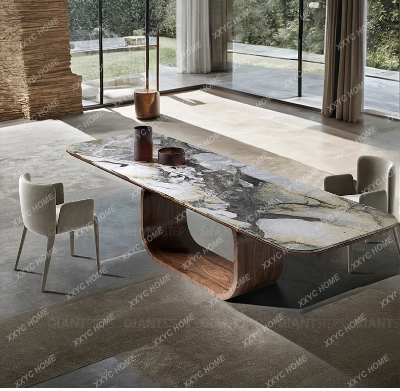 X-S  Natural Marble Dining Table Rectangular Modern Simple Light Luxury Retro Walnut Color Creative Dining Table HG