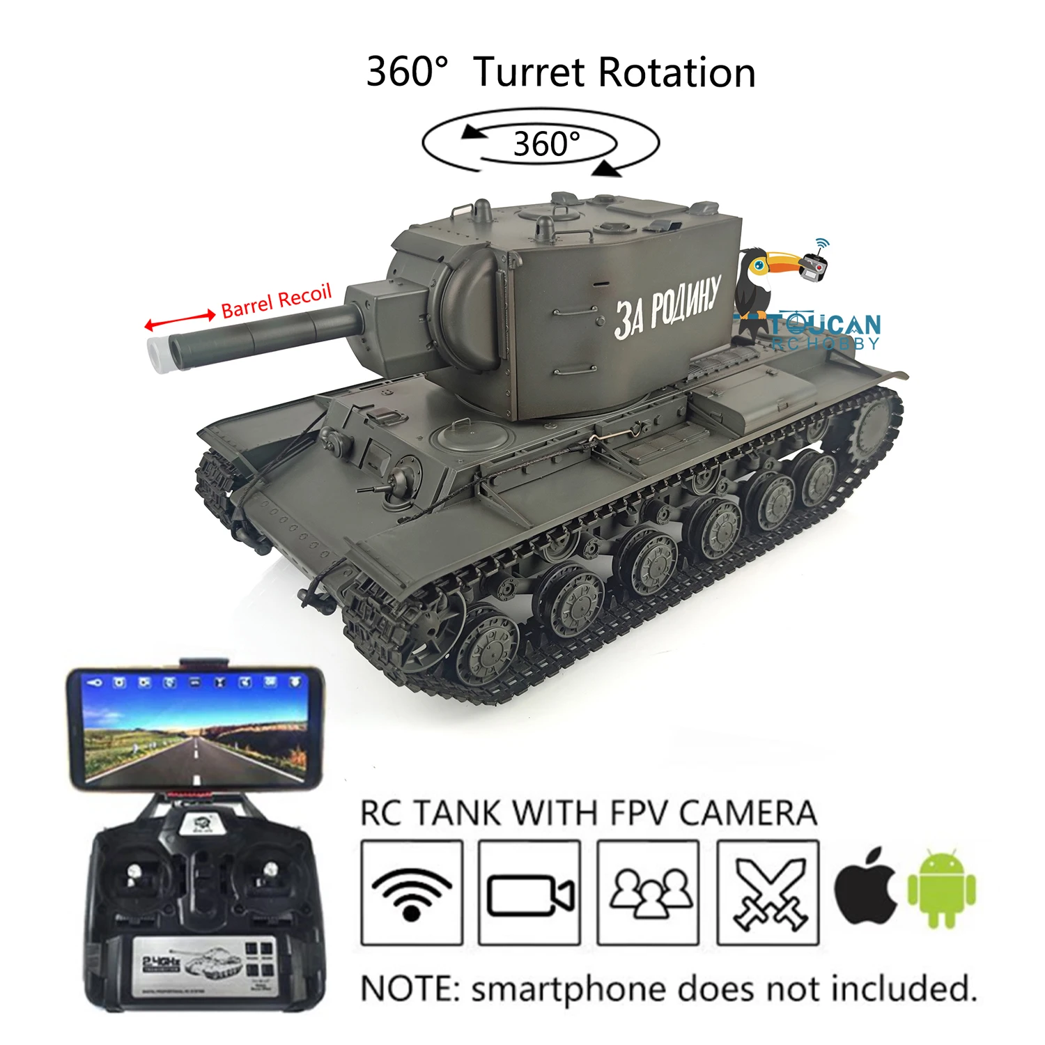 1/16 HENG LONG Soviet KV-2 RC Tank Gigant 7.0 FPV 3949 360° Turret Barrel Recoil RC Panzer TH20021-SMT4