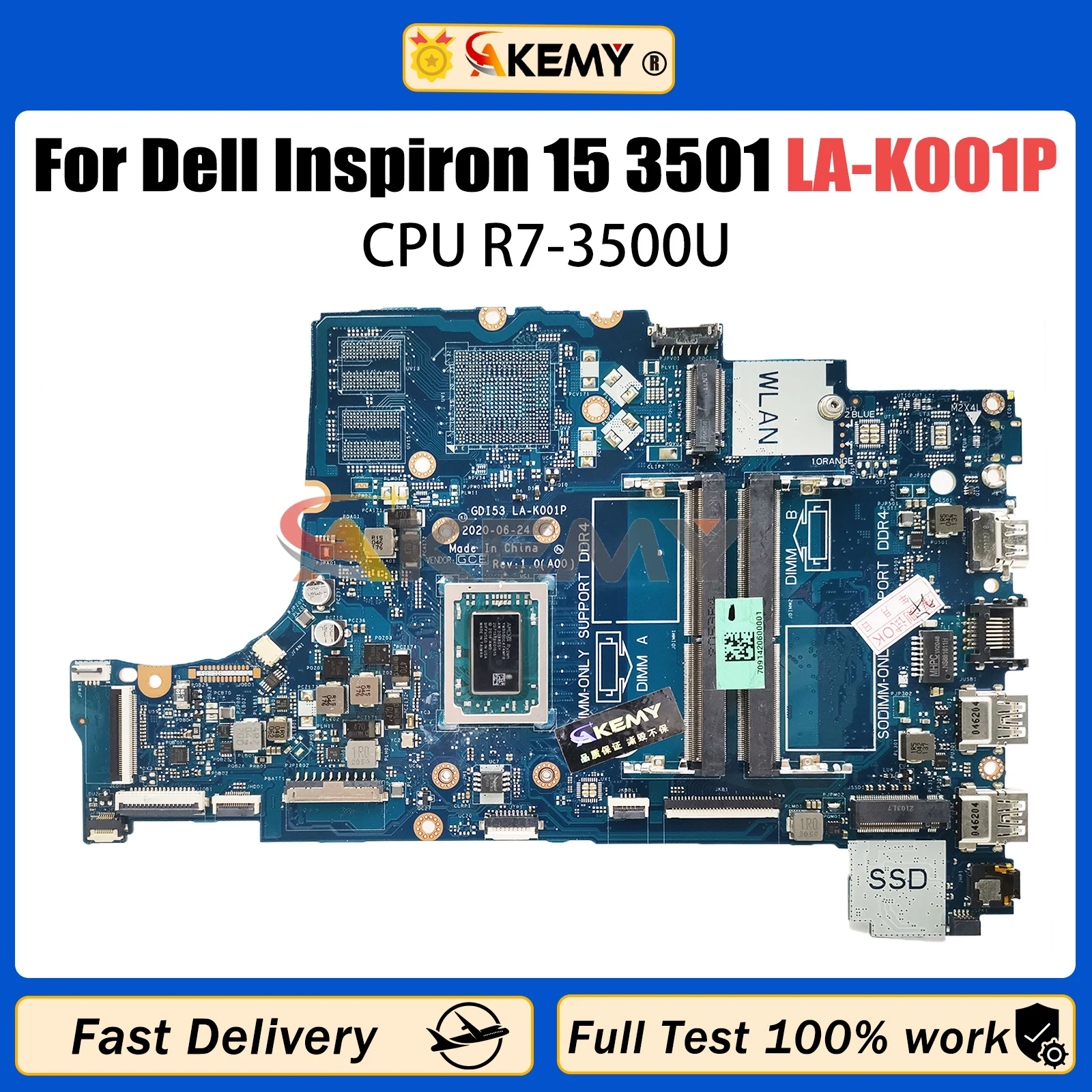 

AKEMY LA-K001P Mainboard For Dell Inspiron 15 3501 CN-0GWD64 0DRFWY Laptop Motherboard CPU R7-3500U 100% Test OK