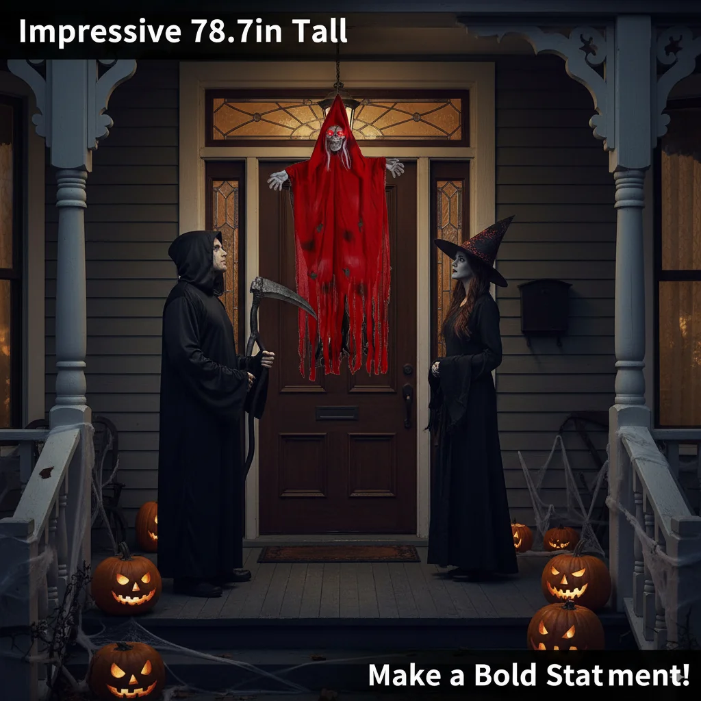 

Giant Hanging Skeleton Ghost Halloween Decor 200cm Red Cloak Grim Reaper With LED Eye And Sound Sensor Garden Yard Outdoor Prop