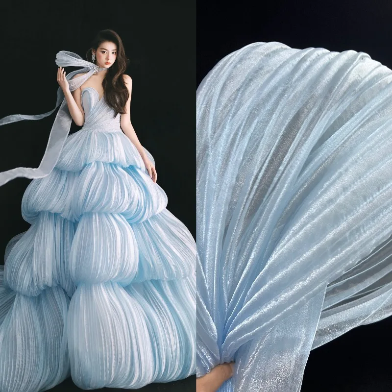 

Белая плиссированная ткань из органзы для светло-голубых дизайнерских тканей, продается на метры, для стилизации и декора, оптовый материал