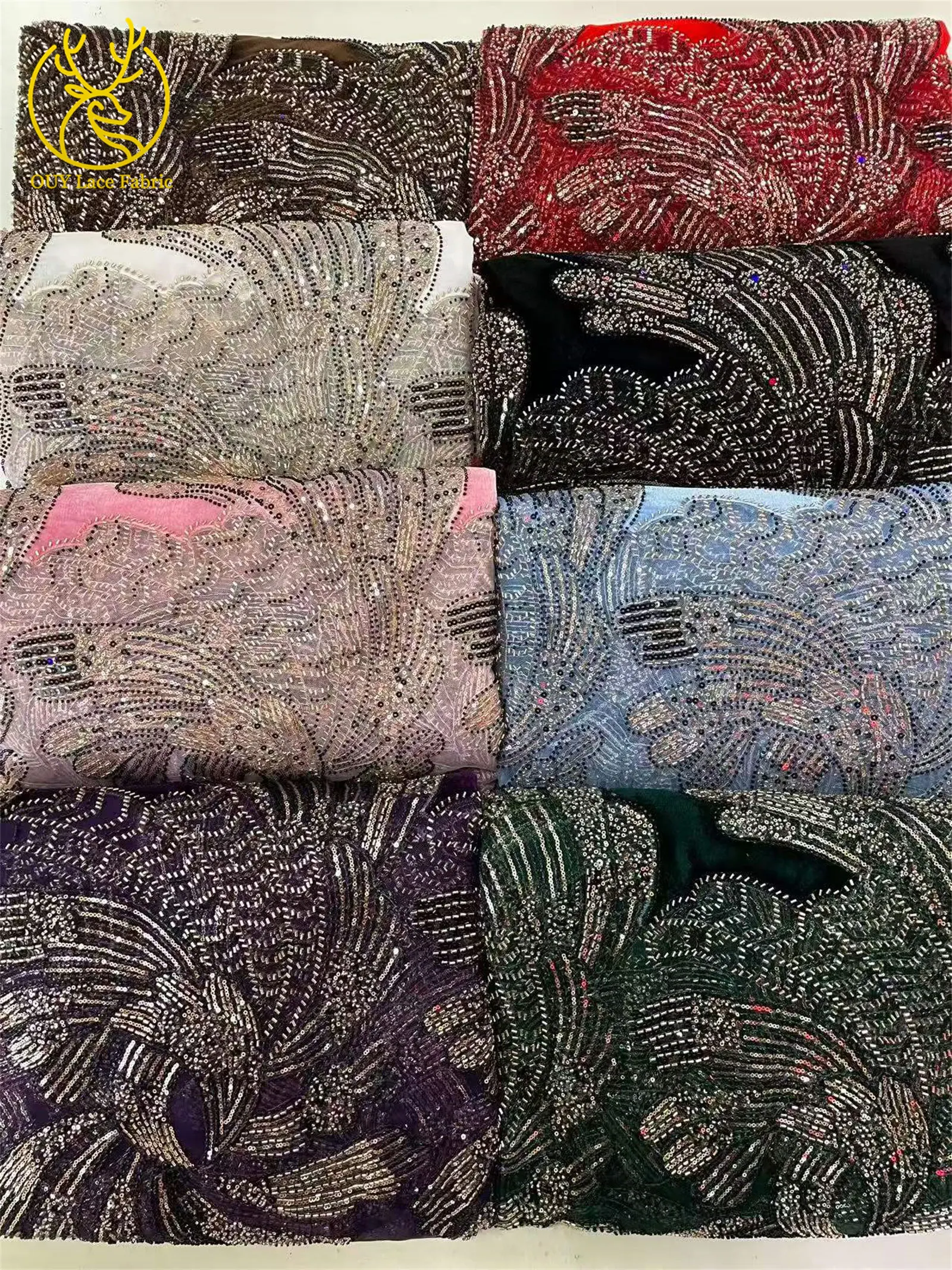 Neuer Stil Französischer Lila Samt-Stickerei-Pailletten-Spitzenstoff Hochwertige Nigerianische Afrikanische Perlen-Tüllspitze für Partykleider und Näharbeiten – Detail 14