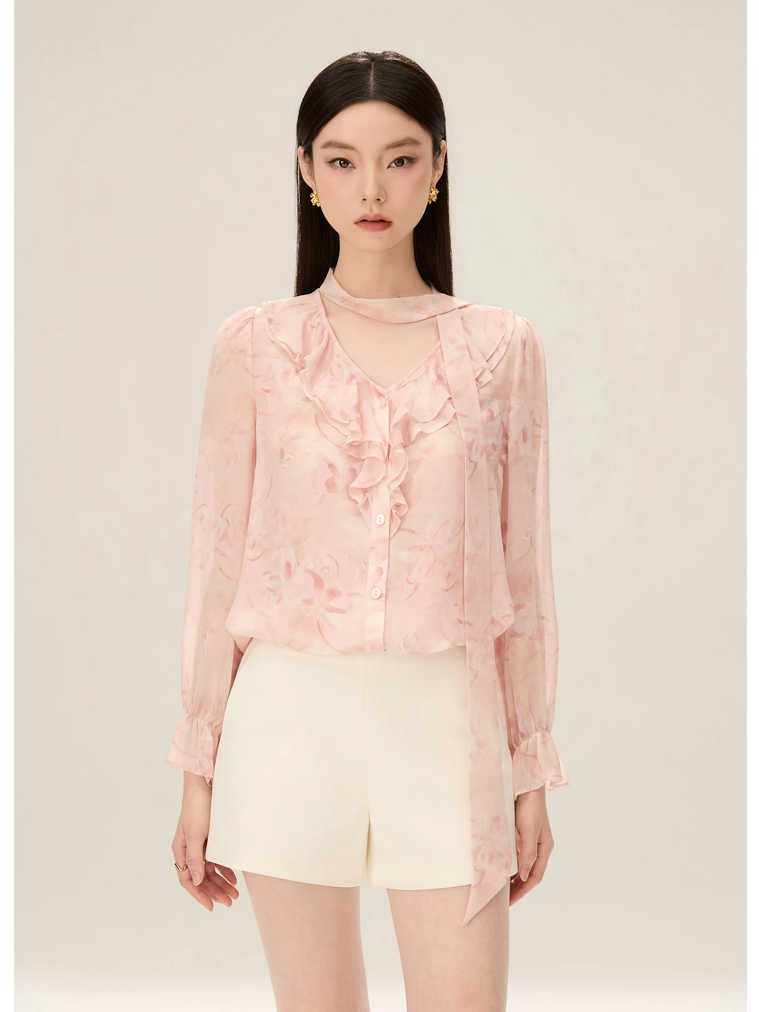 

Романтическая шелковая блузка для женщин: элегантный топ с пышными рукавами, длинными рукавами, пуговицами и цветочным принтом