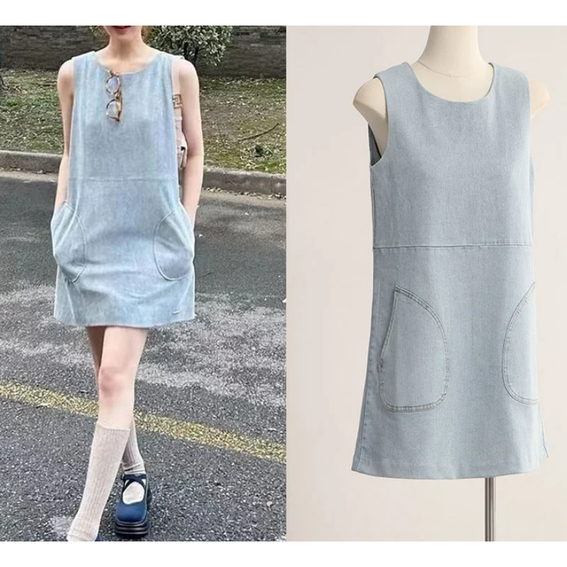 

Celebrity Retro Vest Denim Short Dress Women Summer OOTD Age-reducing Casual Slant Pockets Sleeveless Light Blue Loose Waist