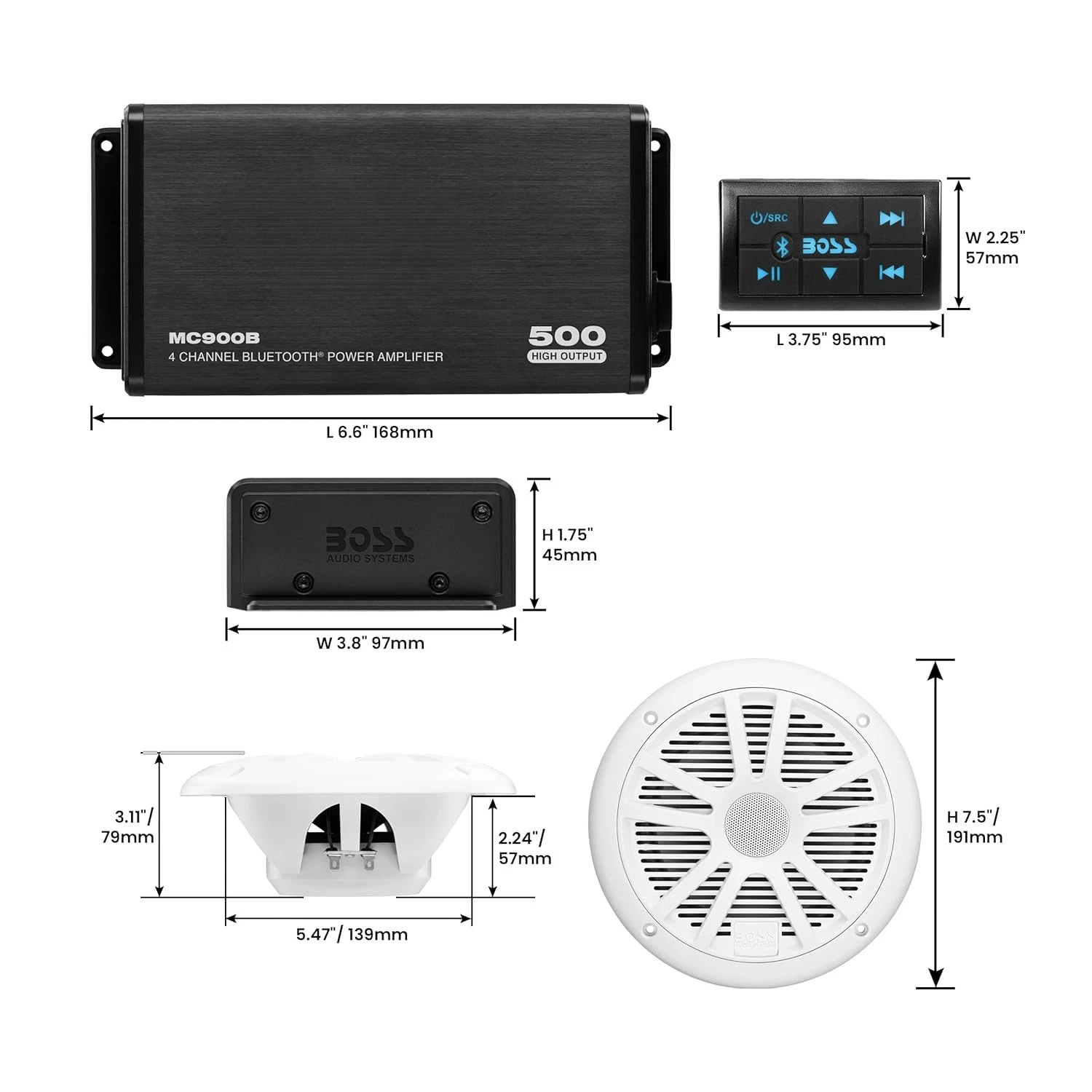 High quality 64 Marine Boat 6.5 inch Speakers and 4 Channel Amplifier-500 High Output, Bluetooth Remote, USB and Auxiliary-NEW