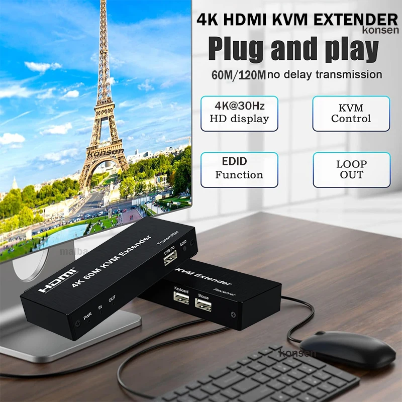 4K 30Hz HDMI KVM Extender 60M 120M over Rj45 Cat5e/6 Cable HDMI USB KVM Ethernet Extender Support Mouse Keyboard for PC HDTV NVR