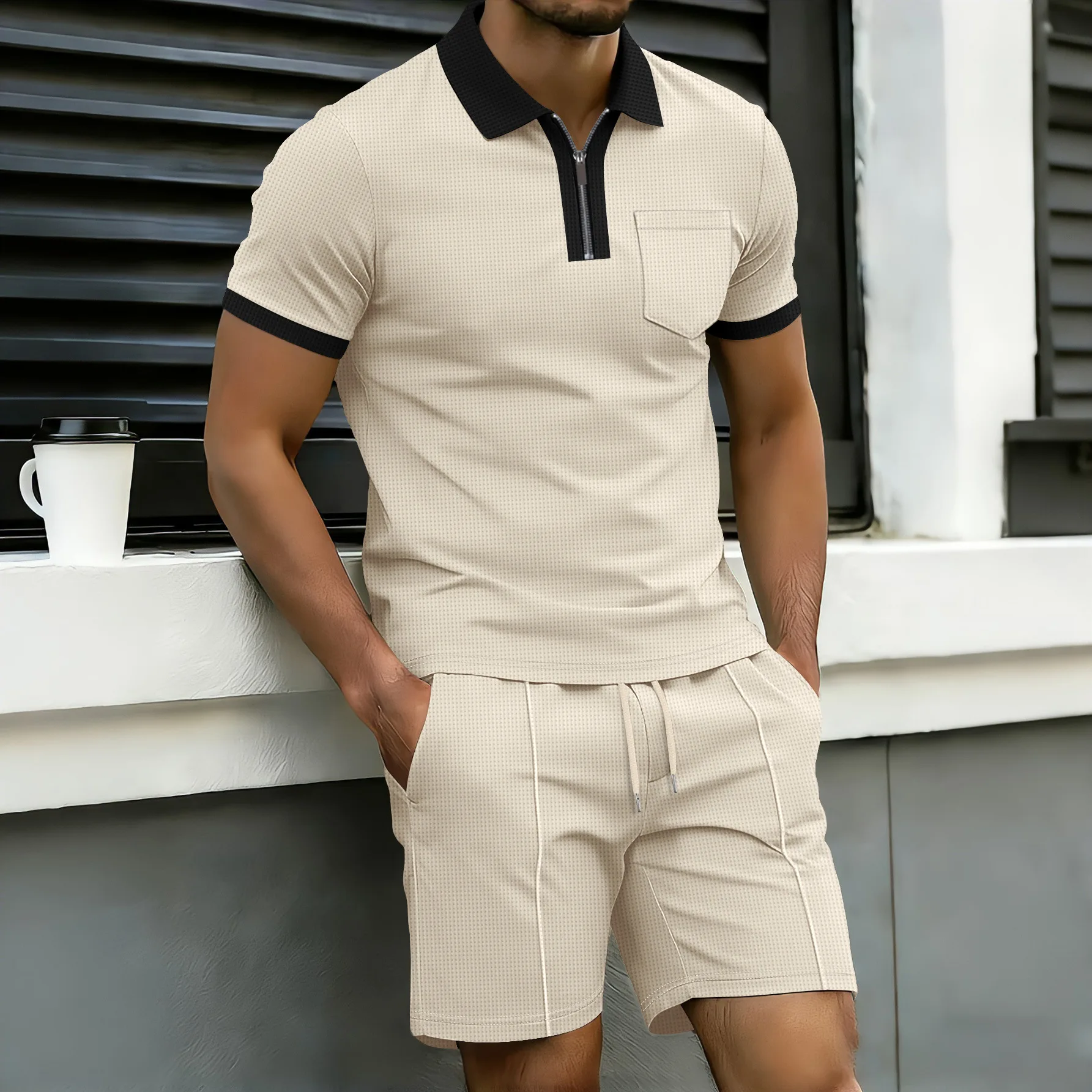 

Men's two-piece polo sports outfit - short-sleeved zipper-neck polo shirt and casual shorts, a summer streetwear daily wear set