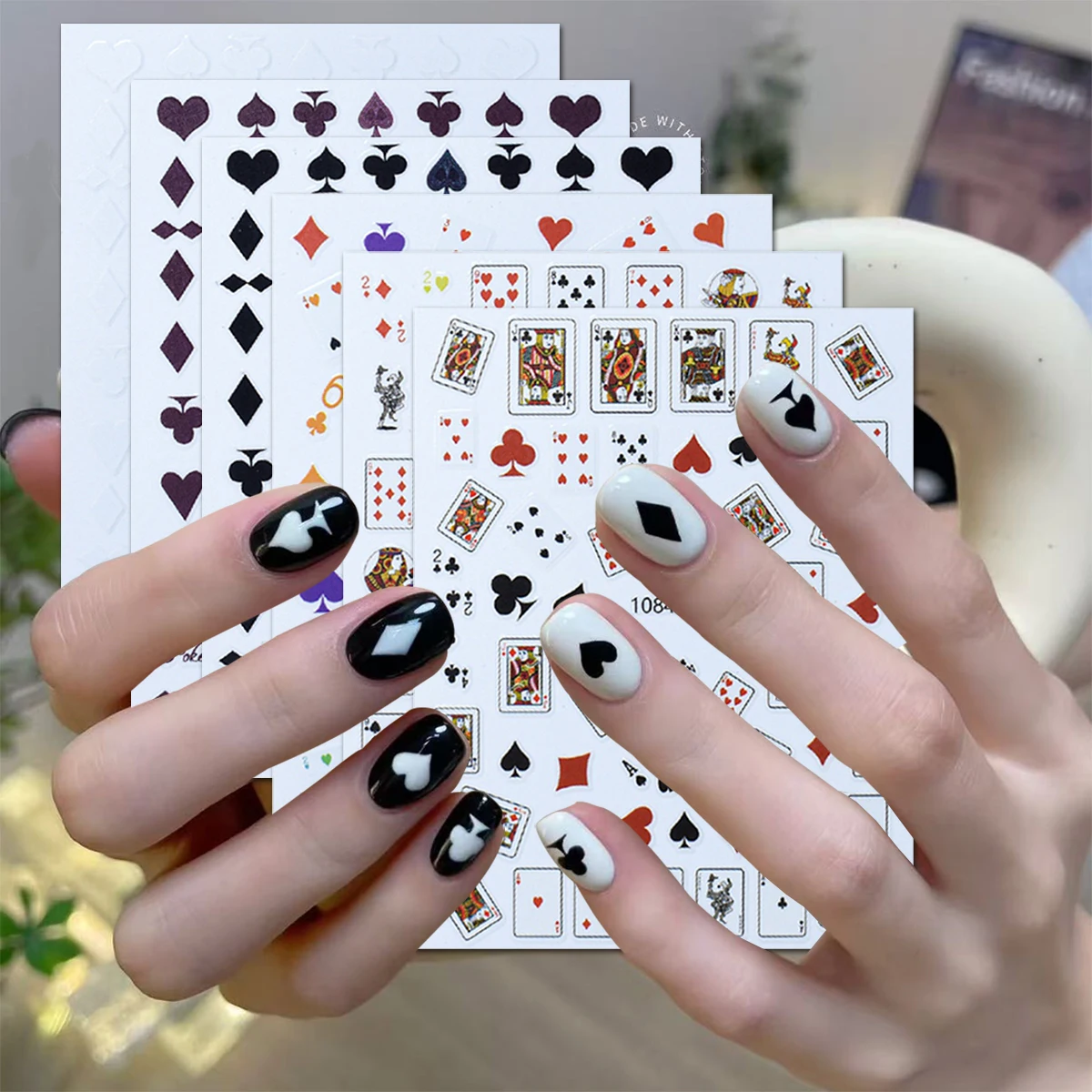 3/6 folhas poker jogando cartão adesivos de arte do prego preto branco e vermelho tema decalques do prego coração diamante design diy manicure
