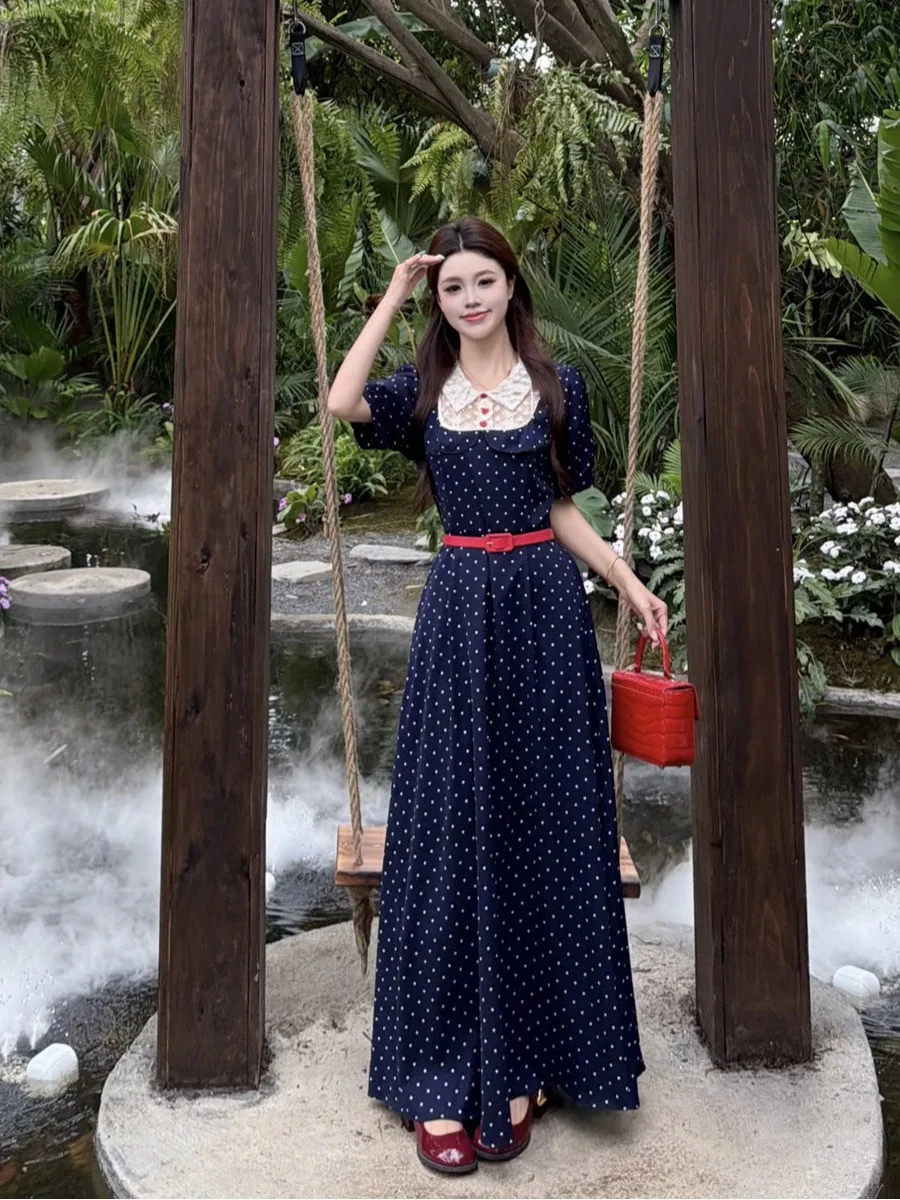 

plus Size Polka Dot Lace Design Long Dress Slimming Waist High Waist A-Line Summer New Style Women's Elegant Dress
