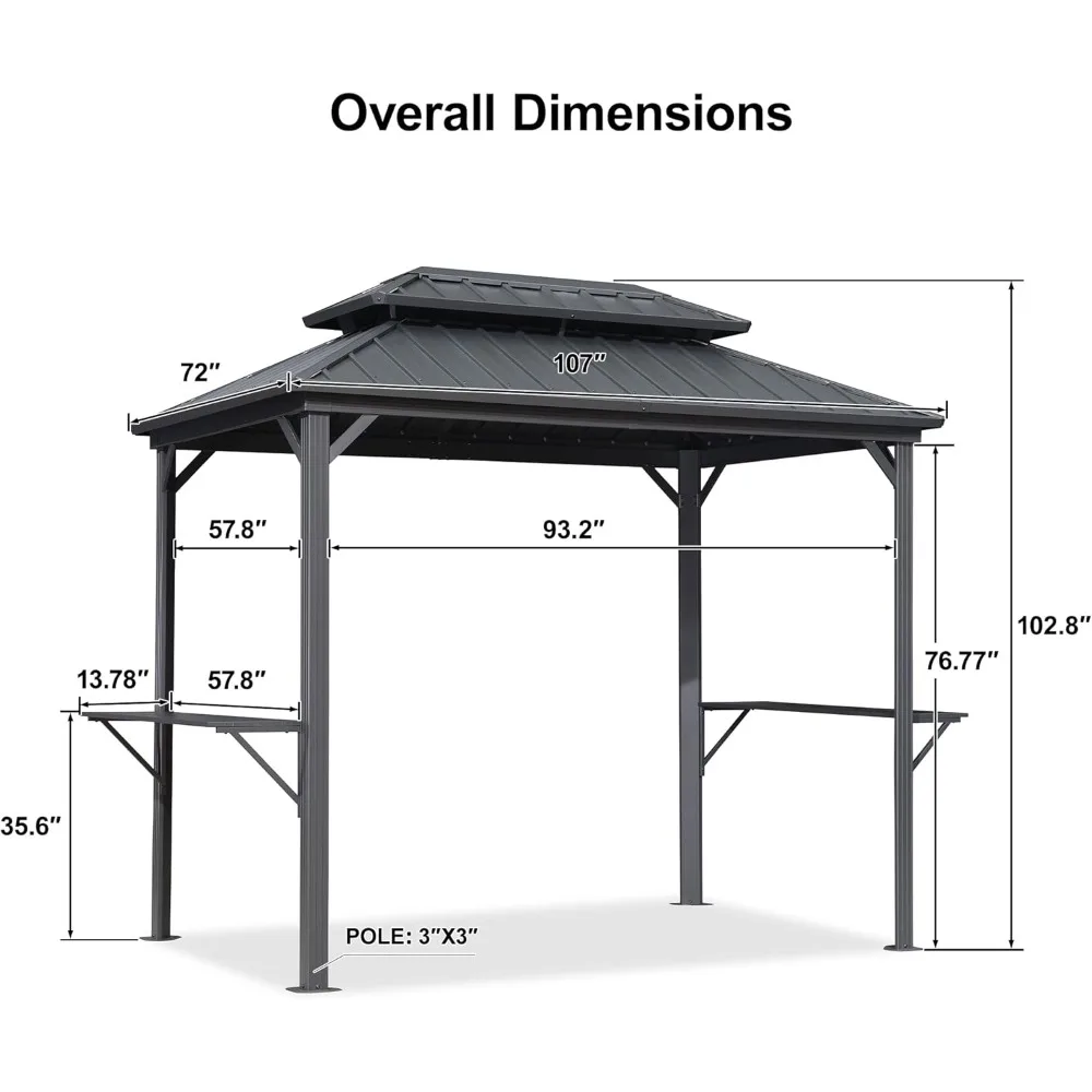 6' X 9' Hardtop Grill Gazebo for Barbecue Patio Permanent Metal Double Roof with Ceiling Hook and Shelves Outdoor Aluminum Sun