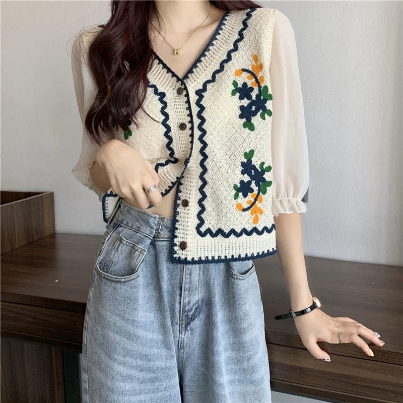 EAEOVNI Flower Embroidery Crochet Blouse with Chiffon Sleeve Button Front Cardigan Top Women Spring Summer Fairycore Cottagecore