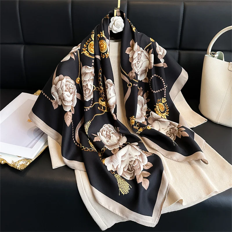 Luxury Flower Print Silk Scarf 90cm Twill Scarf Chain Large Square Scarves Sunscreen Shawl Headscarf for Women Foulard