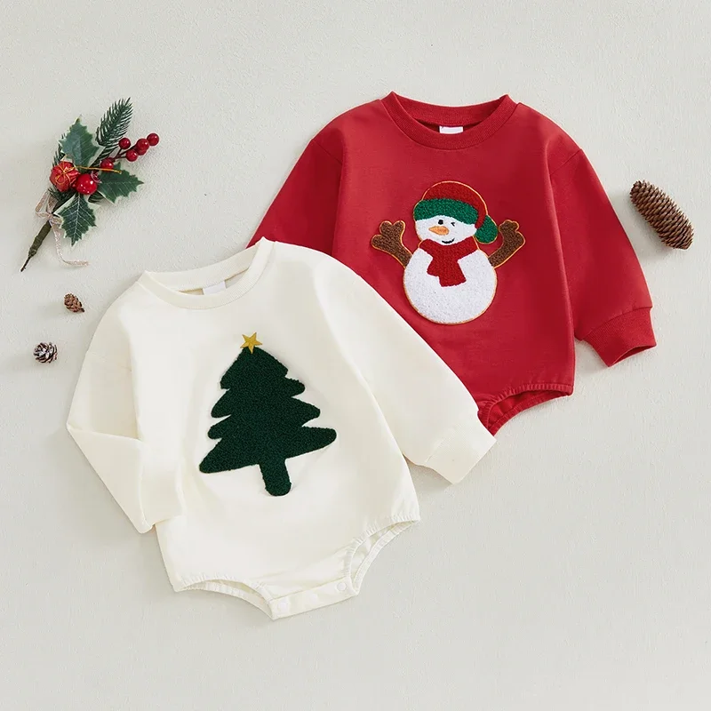 

Toddler Baby Girls Boys Sweatshirt Romper Snowman Tree Embroidery Long Sleeve Round Neck Casual Playsuit Christmas Jumpsuit