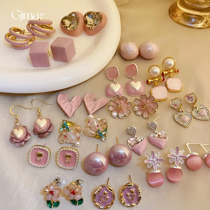 Pink Girl Heart Pleated Love Flower Pearl Earrings Fashionable Earrings High end Women Accessories Girlfriend Gift Wholesale