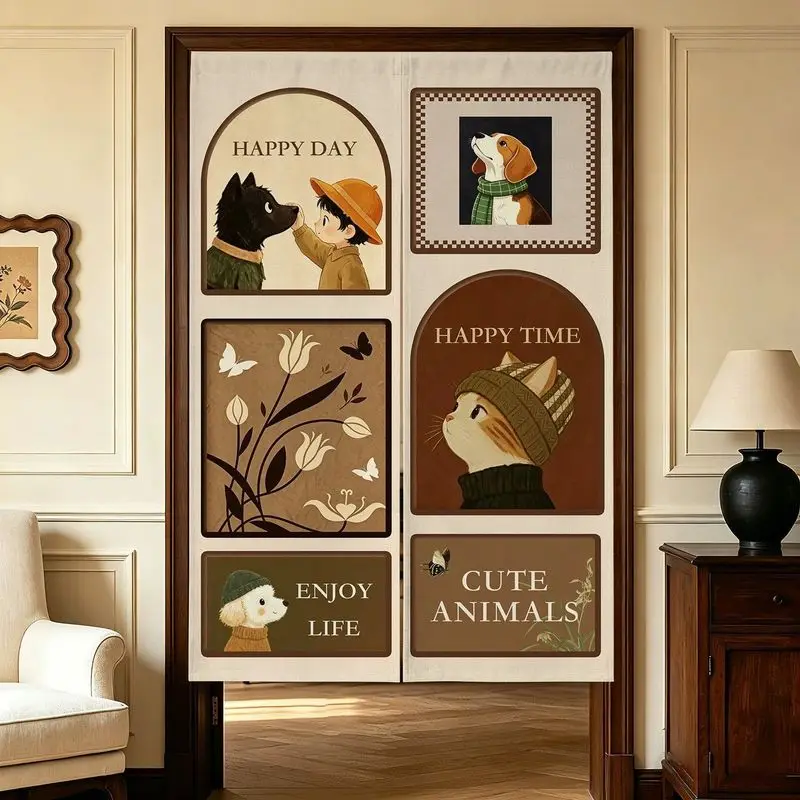 Retro Frame Painting Cute Pet Door Curtain Cartoon Cat Dog Fabric Door Curtain No Punching Kitchen Privacy Partition Curtain