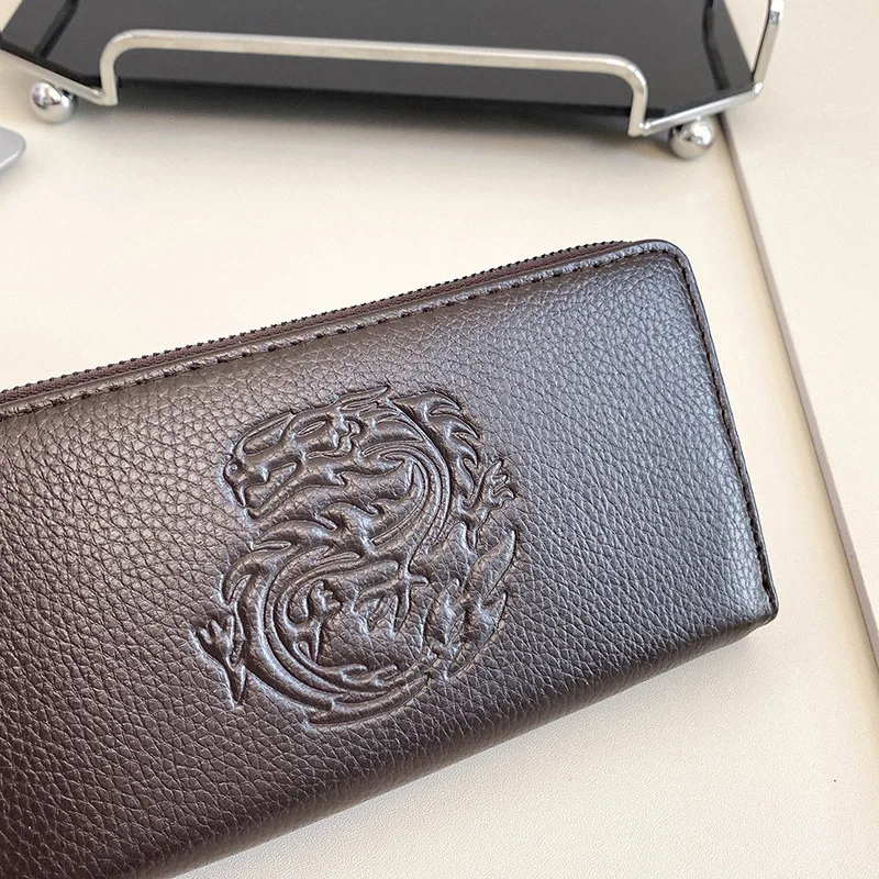 Fashionable Men's Wallet with Dragon Print, Long Design and Convenient Zipper Closure Wallets for Men