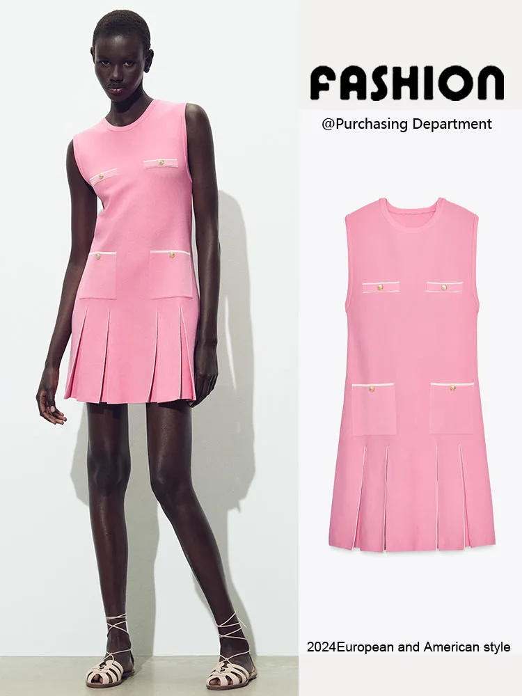 فستان نسائي صيفي جديد وصل حديثًا فستان متوسط ​​الطول محبوك بدون أكمام برقبة دائرية للحفلات تنورة قصيرة بلون نقي