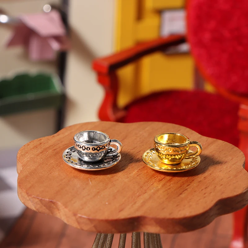 1Set 1:12 Poppenhuis Miniatuur Theepot Kopschotel Metalen Thee Set Eettafel Model Decor Speelgoed Poppenhuis Accessoires