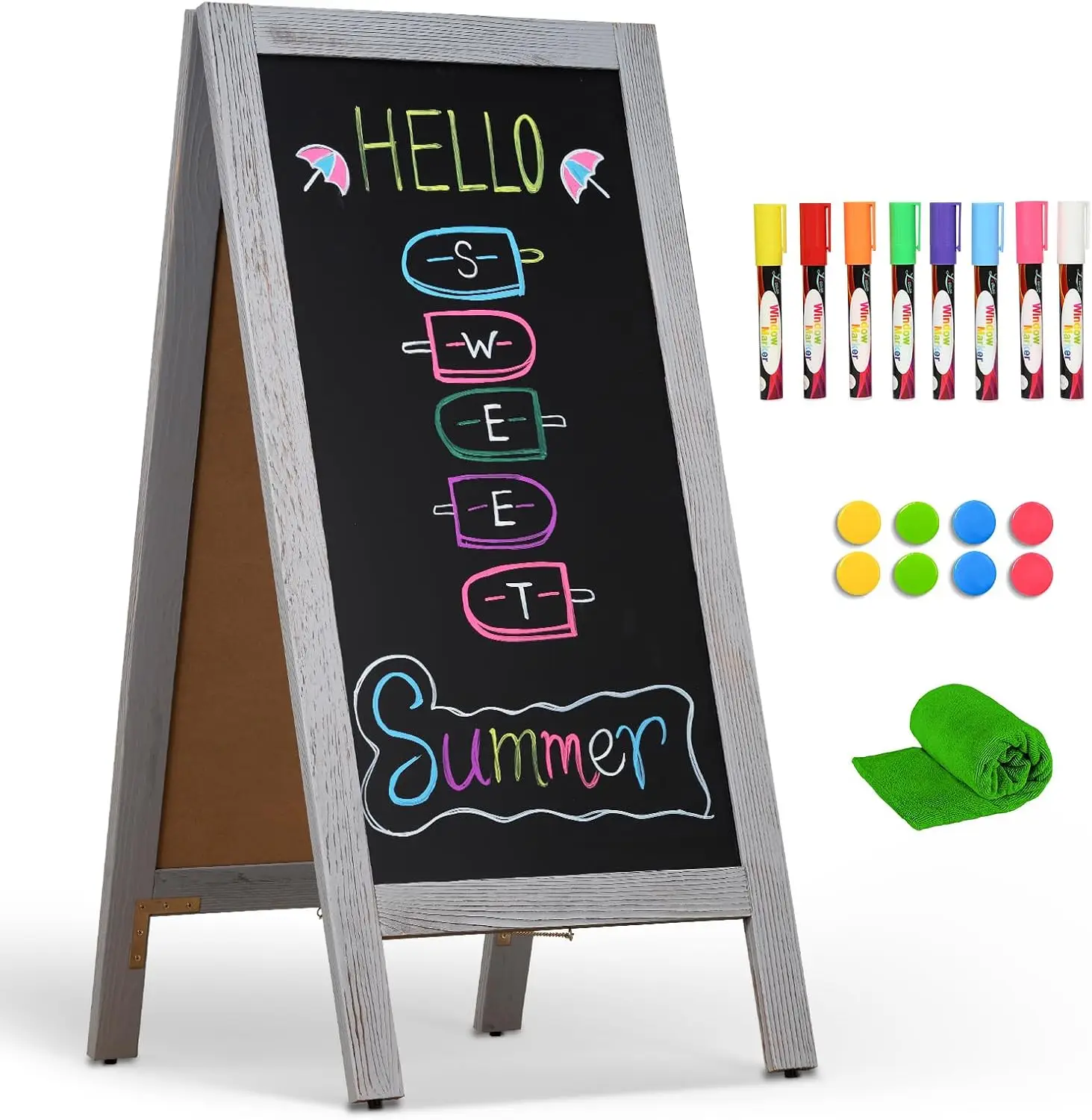Solid Pine Wood A Frame Chalkboard Sign, Double Sided Magnetic Sidewalk Message Display Easel, Freestanding Sandwich Board With Liquid Markers Magnets And Cleaning Cloth For Restaurants Cafes Weddings, Grey