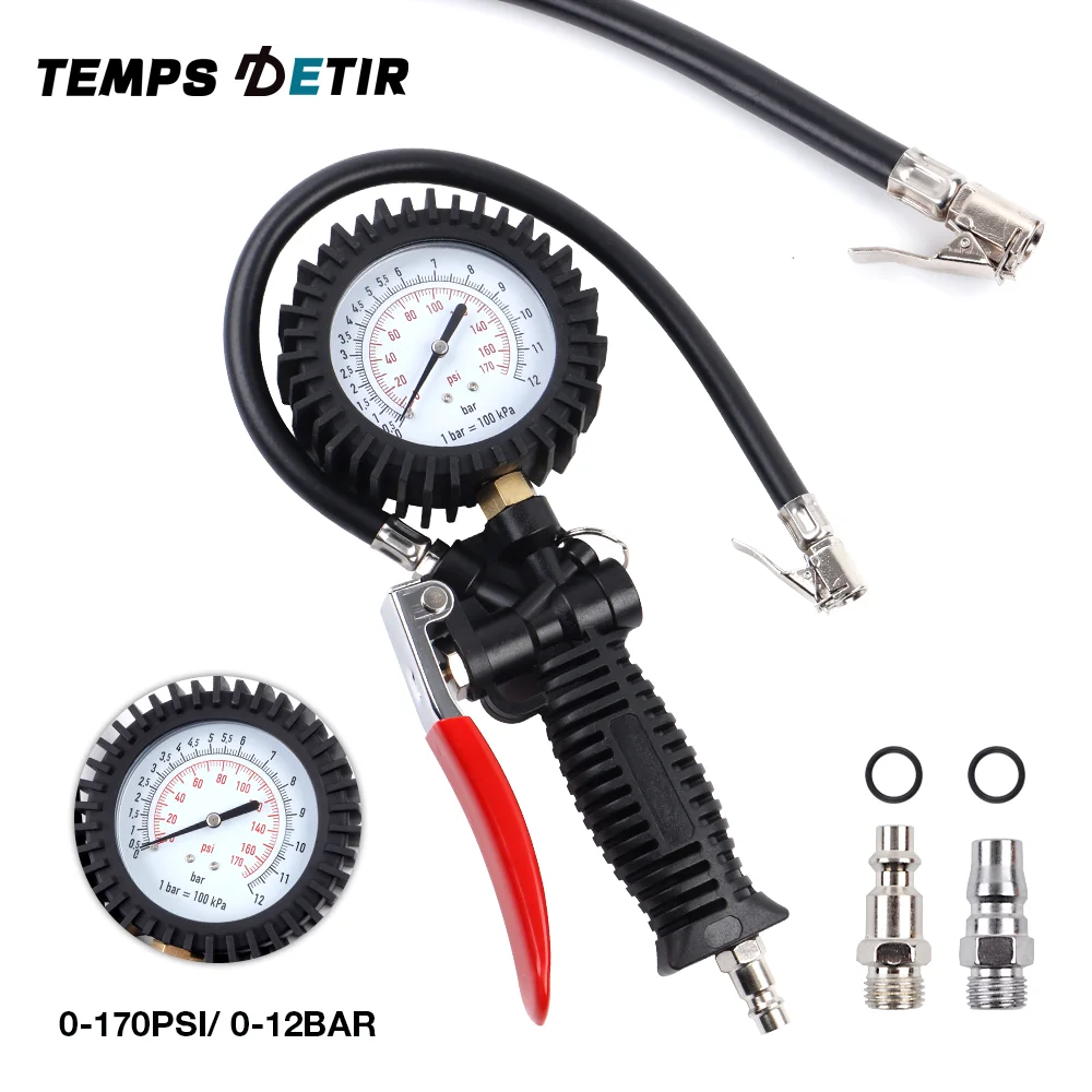 0-170Psi Tire Pressure Gauge, Oil-filled Tire Gauge, Shockproof, Accurate Vehicle Tester Inflation Monitoring, EU/US/JP Adapters