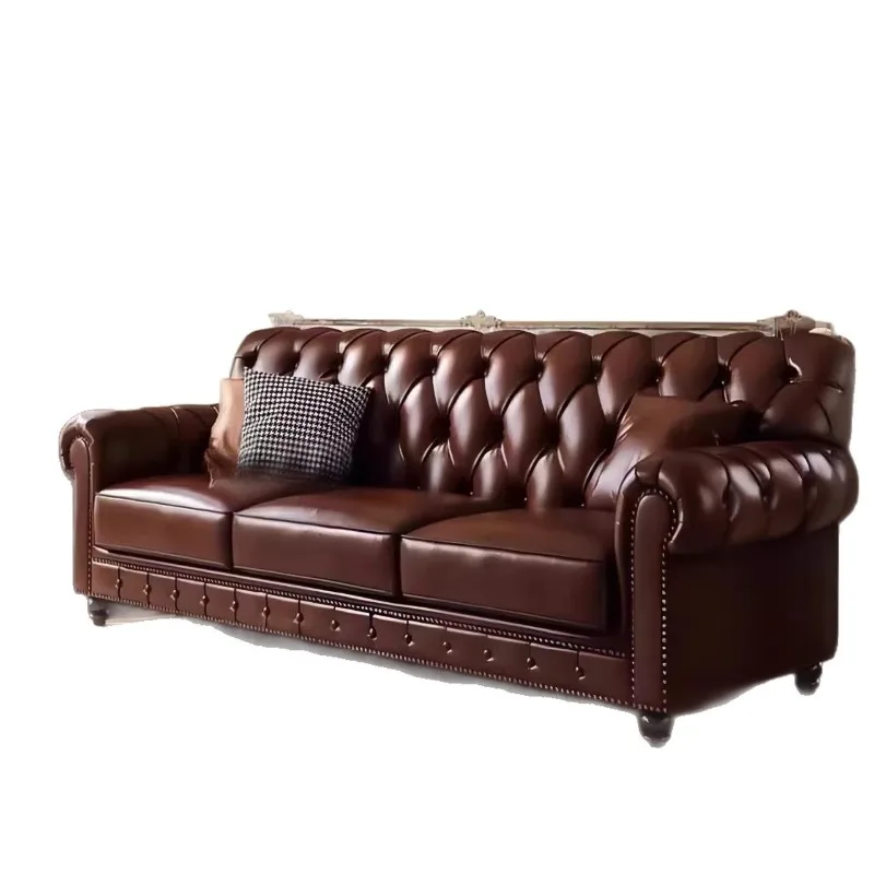Three or four-person combination retro oil wax leather brown inline sofa