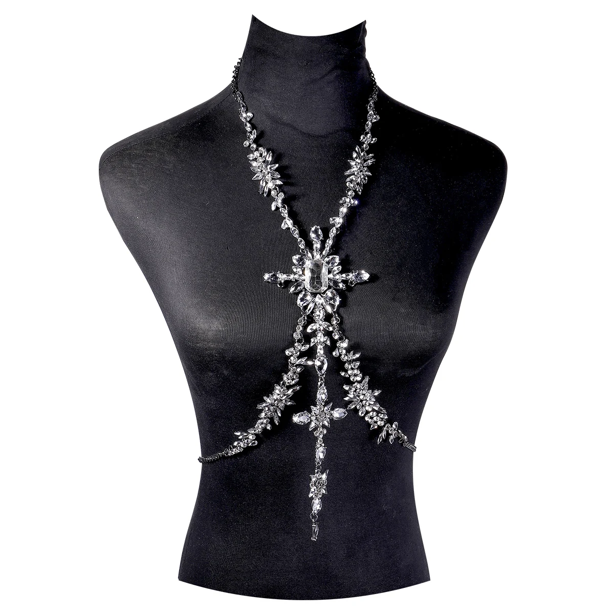 Dvacaman Statement Cross Rhinestone Body Chain Exaggerated Crystal Chest Chain Necklace for Woemn Nightclub Party Jewelry