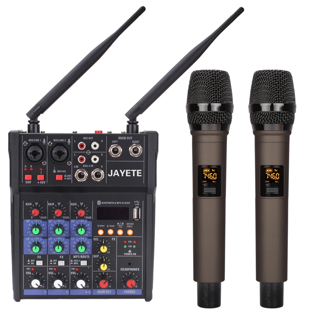 

New Design Professional Build-in 48V Phantom Power 4 Channel Usb Audio Mixer with Wireless Microphone