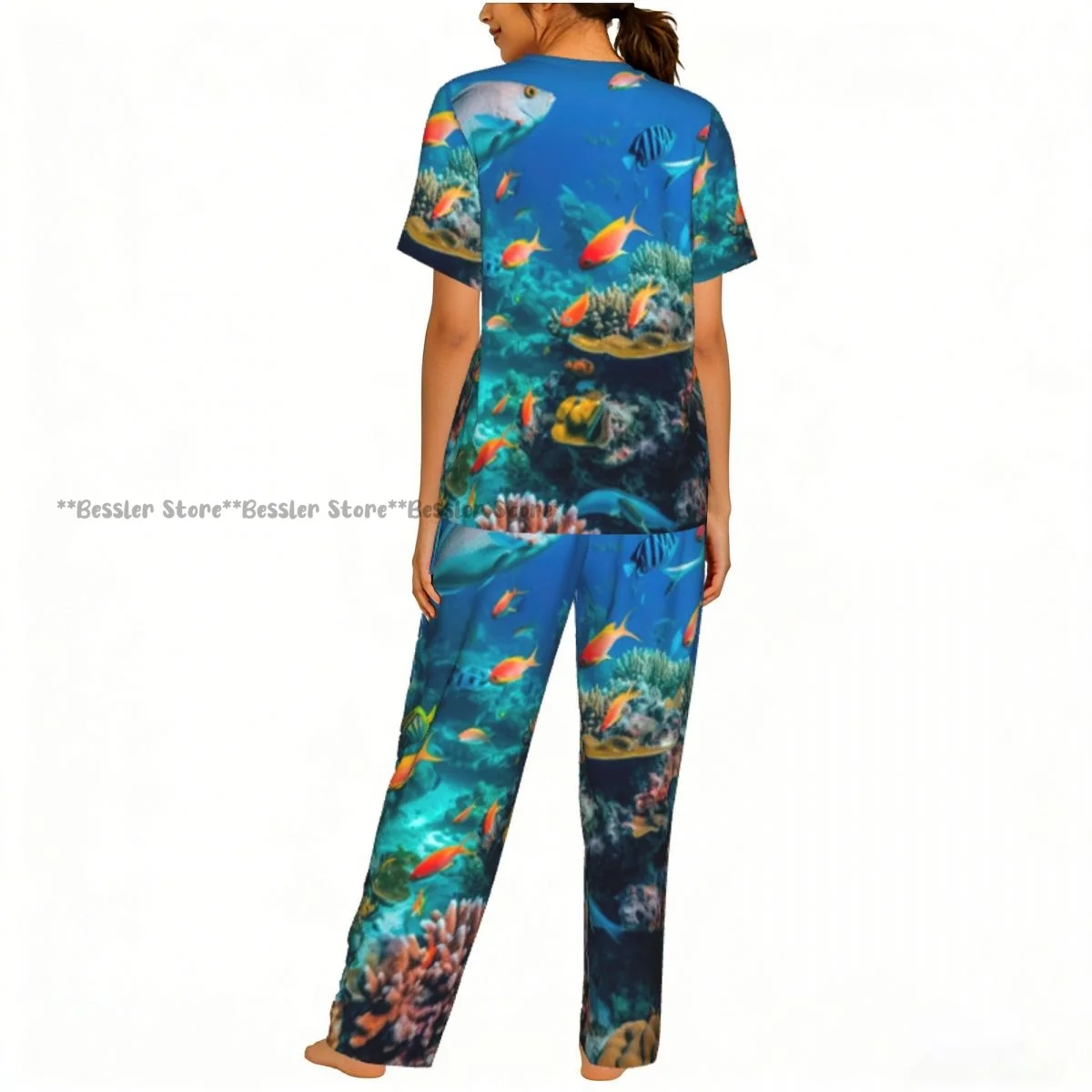 Women's Pajamas Set Colorful Fish And Sea Animals Short Sleeve Sleepwear 2 Piece Homewear Loungewear view 4