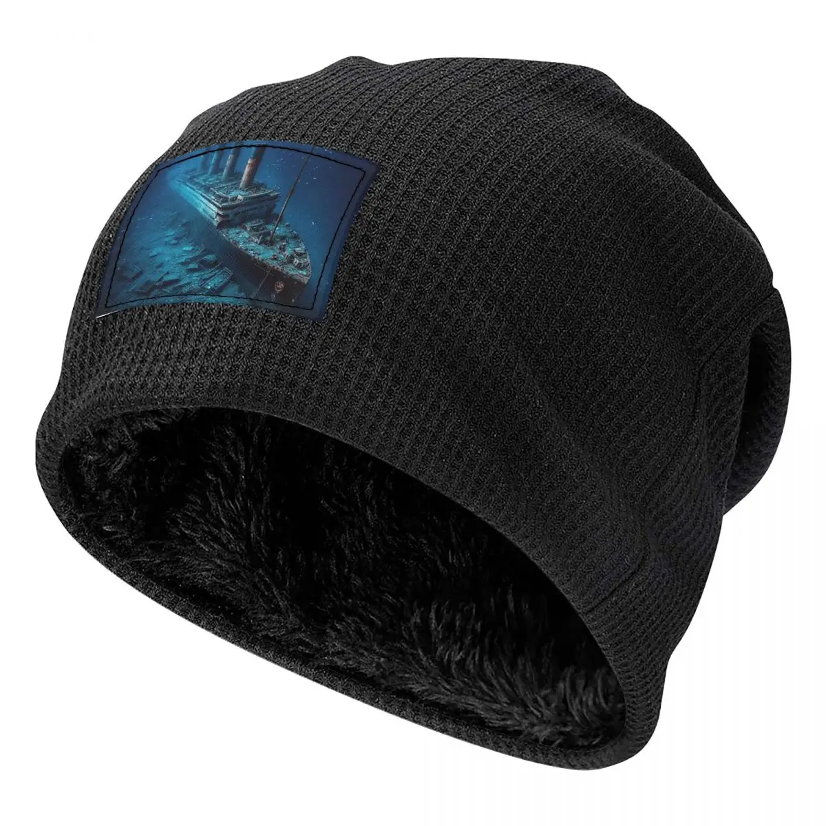 RMS Titanic Waffle Knit Fleece Lined Beanie with PU Leather Patch Unisex Warm Winter Soft Cap